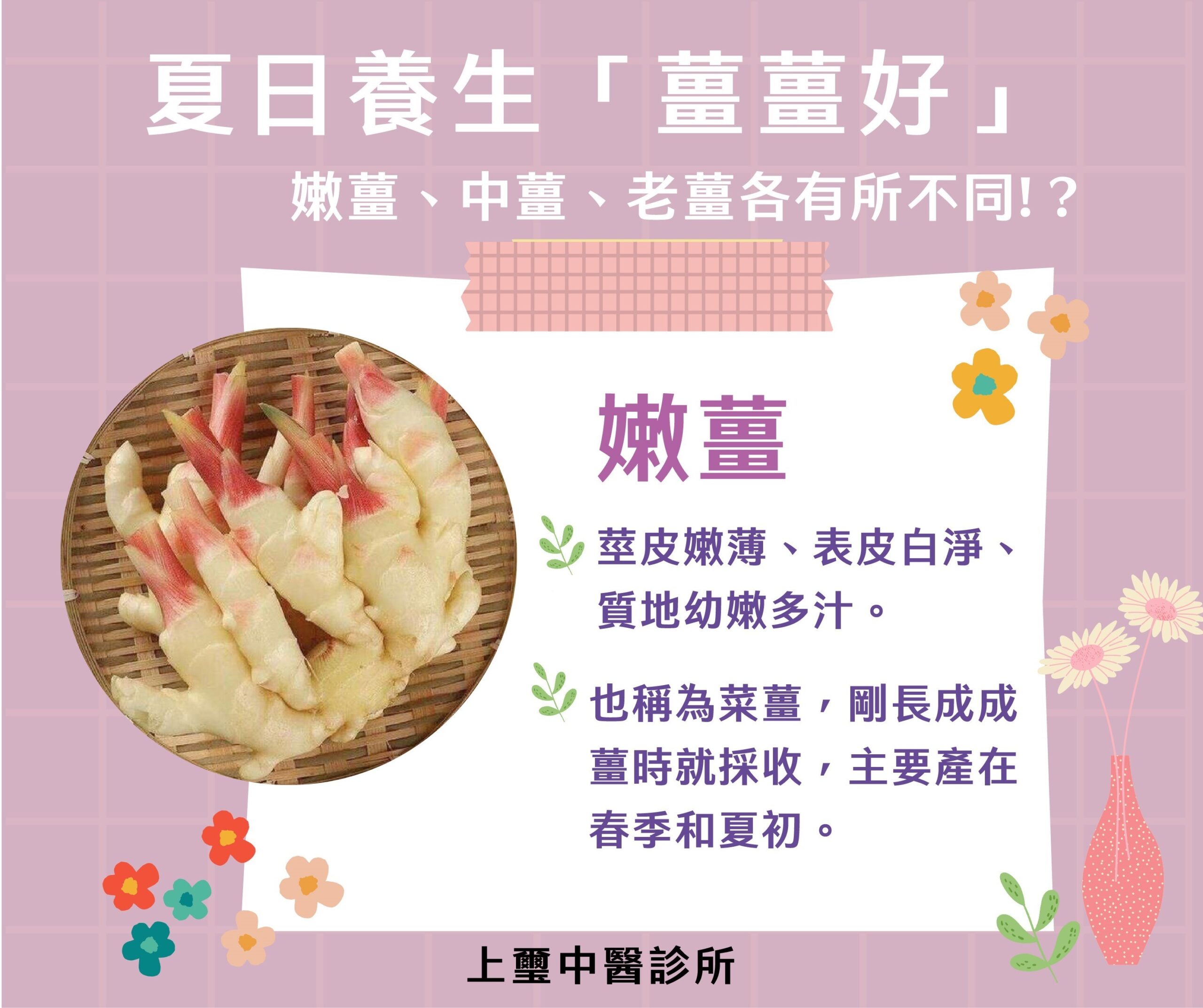 薑酮醇和薑烯酚是薑的成分,它們能夠促進血液循環,讓我們的身體保持溫暖,這在夏天尤其重要。此外,夏天也是細菌和病毒大量繁殖的季節,但薑有著天然的抗菌作用,對於消除腸胃不適很有幫助。